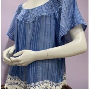 ABERCROMBIE & FITCH WOMEN'S 100% COTTON BOHO STYLE CROCHET BLUE BLOUSE TOP LARGE